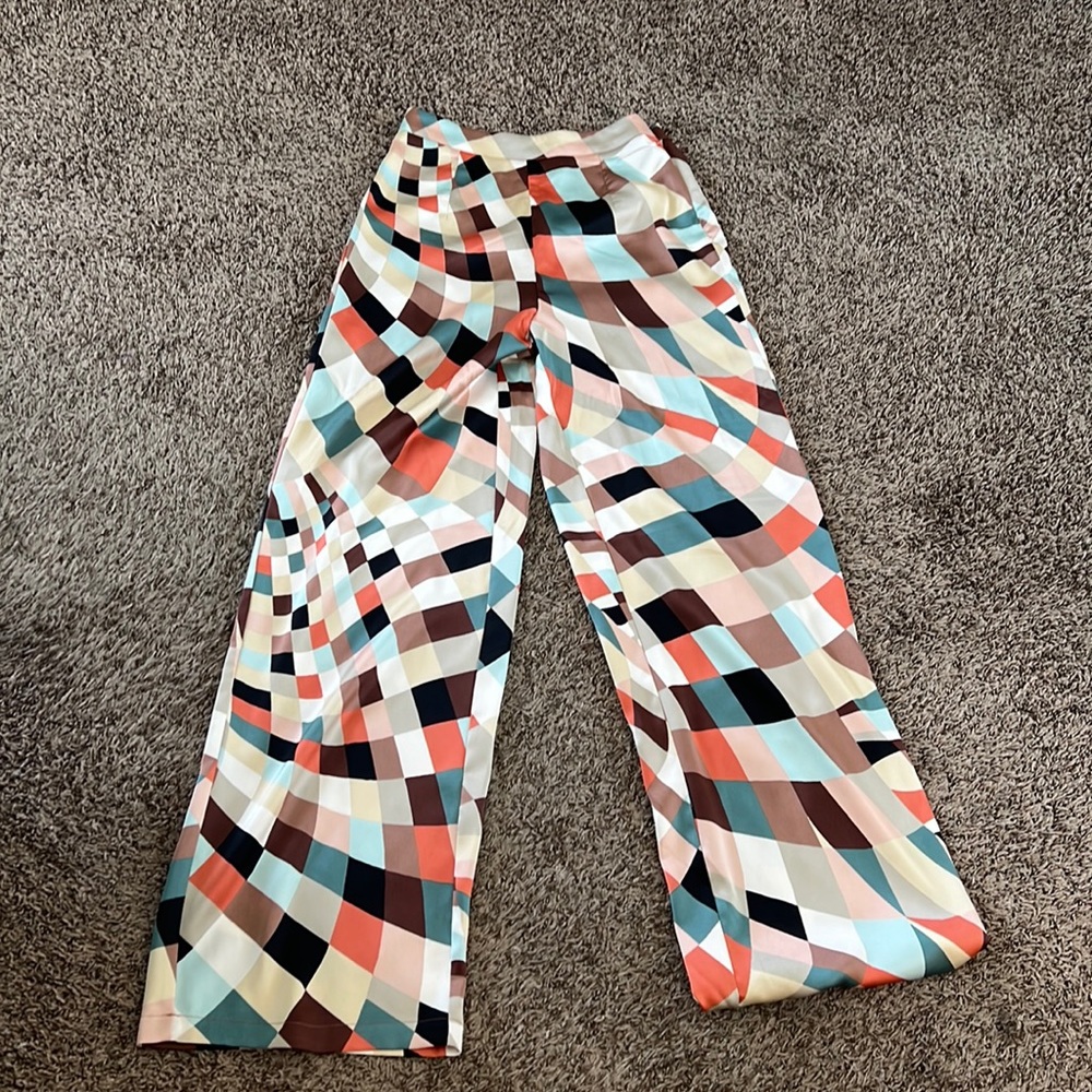 silk pants, wide bottom, colorful, 70's style